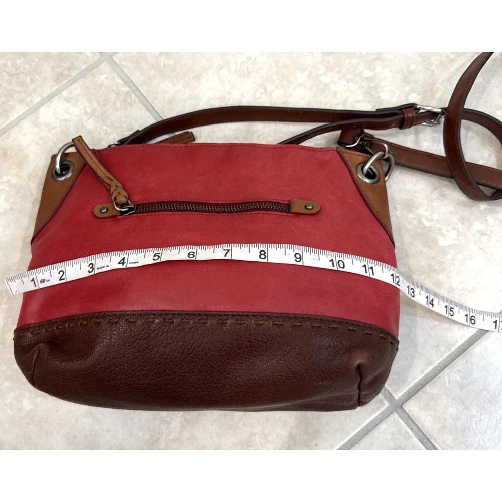 The Sak Red & Brown Leather Crossbody Shoulder Purse Bag Outside‎ pockets Boho